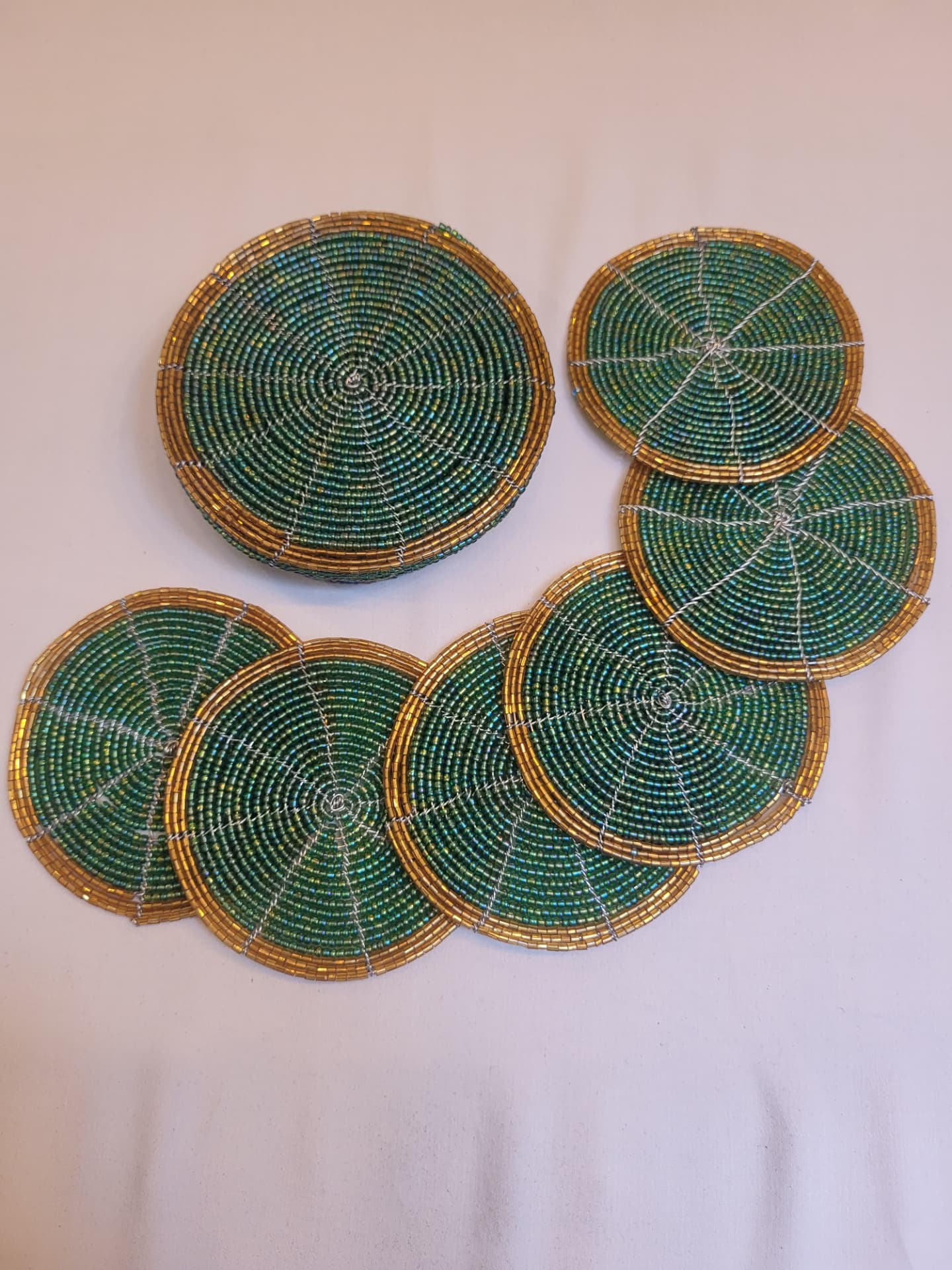 Beaded Coaster Set — Green & Gold, Holder + 6 Coasters