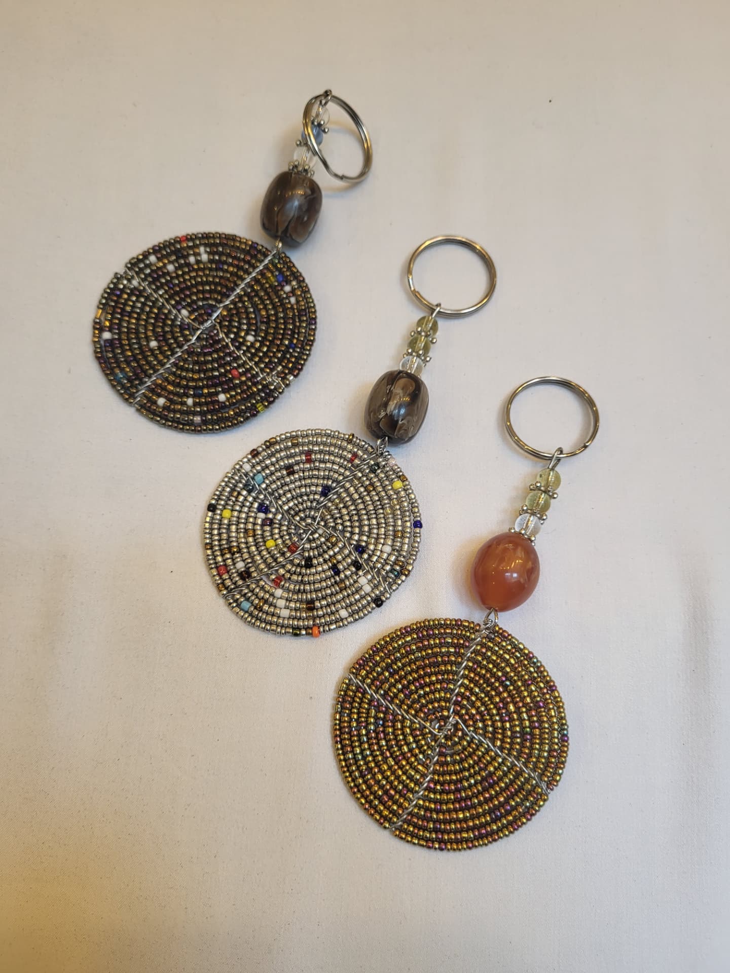 Beaded Disc Keyrings — Bronze, Silver & Gold, Set of 3