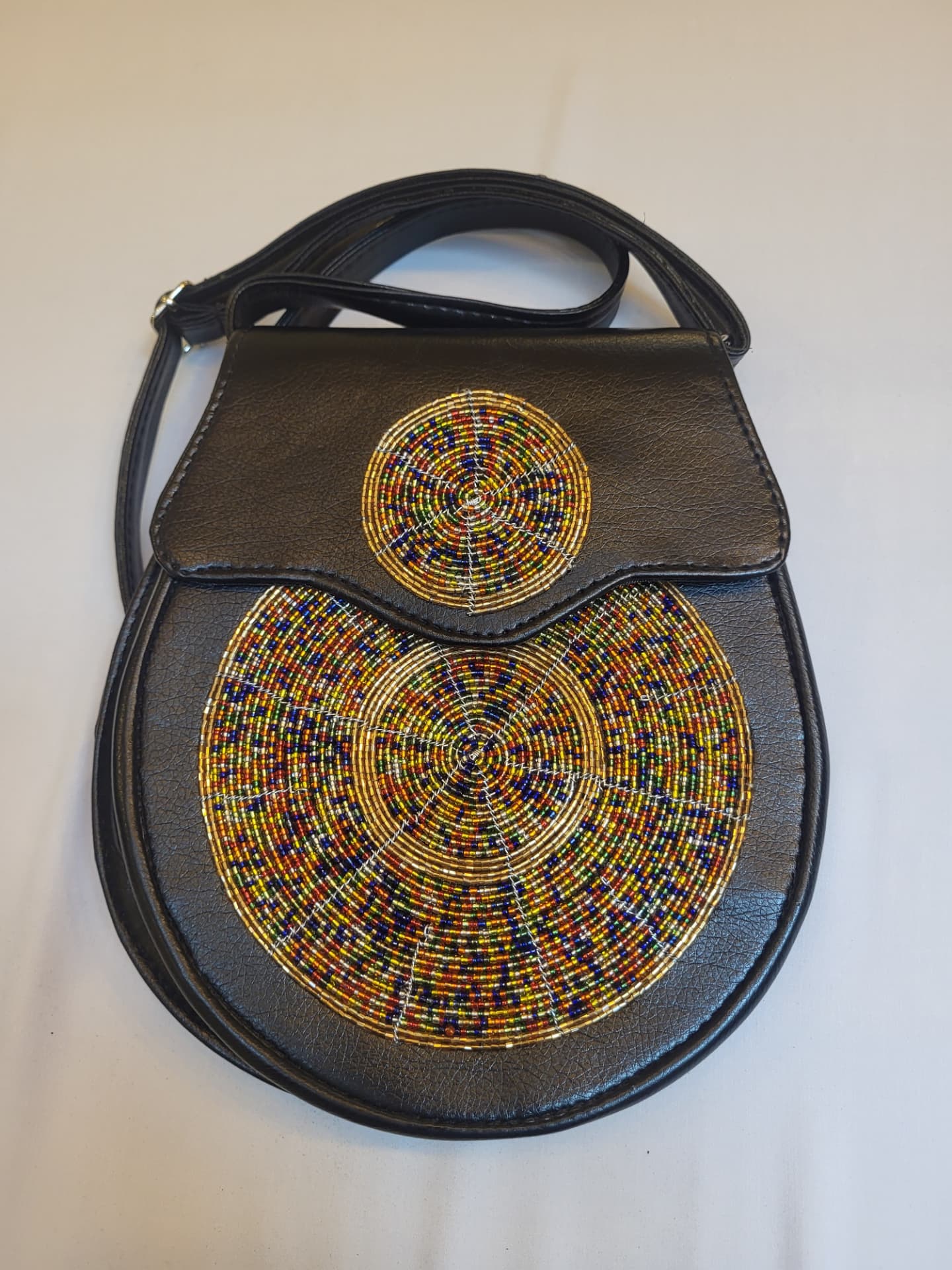 Black Beaded Crossbody Bag — Gold Medallions
