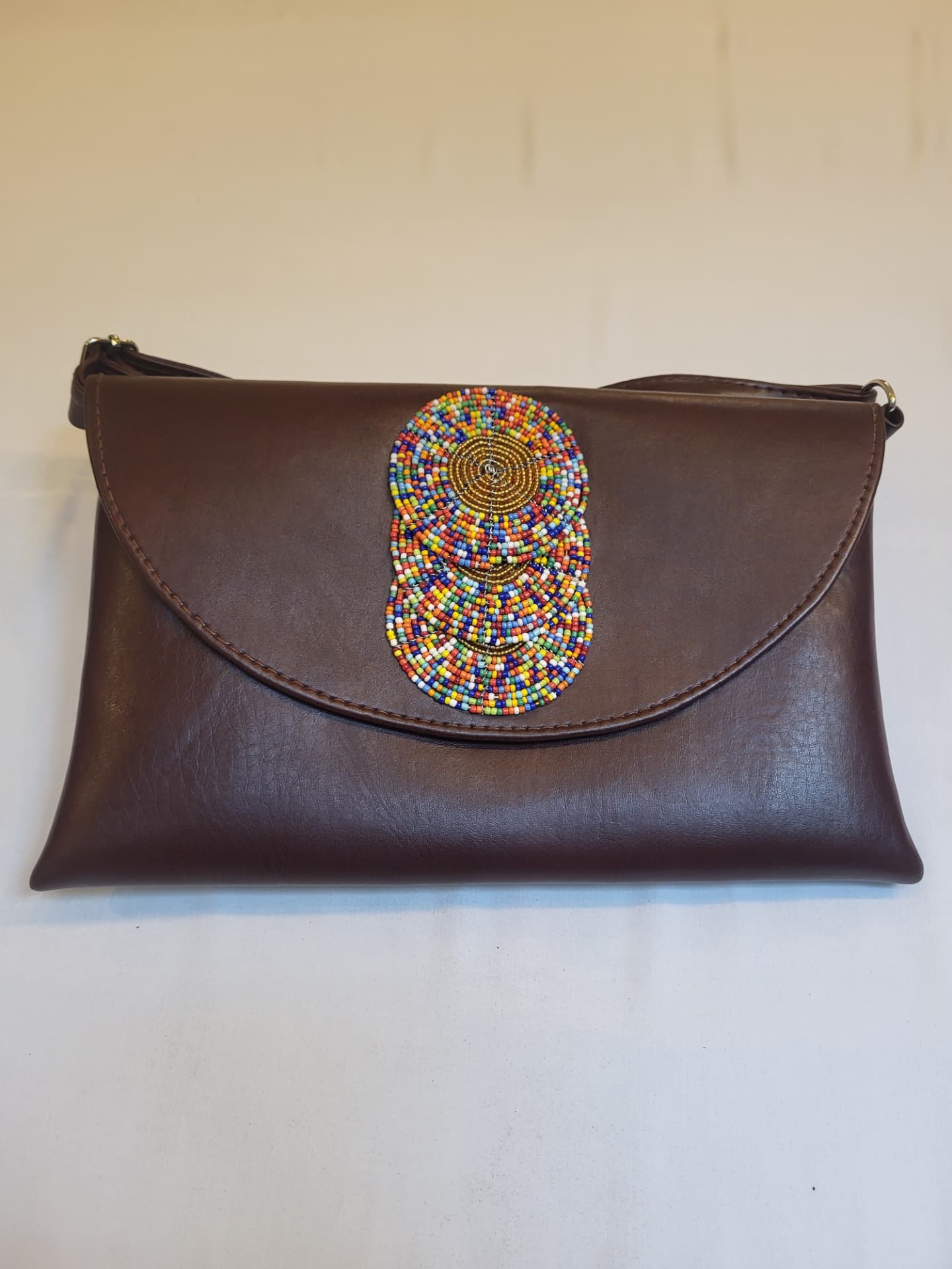 Brown Beaded Crossbody Bag — Triple Medallions