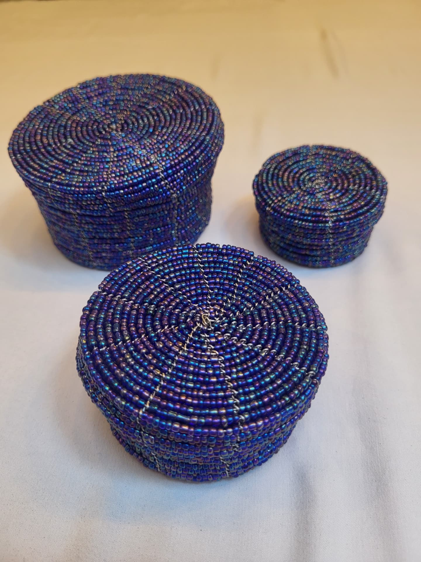 Nesting Beaded Trinket Boxes — Indigo & Violet, Set of 3 that fit into each other