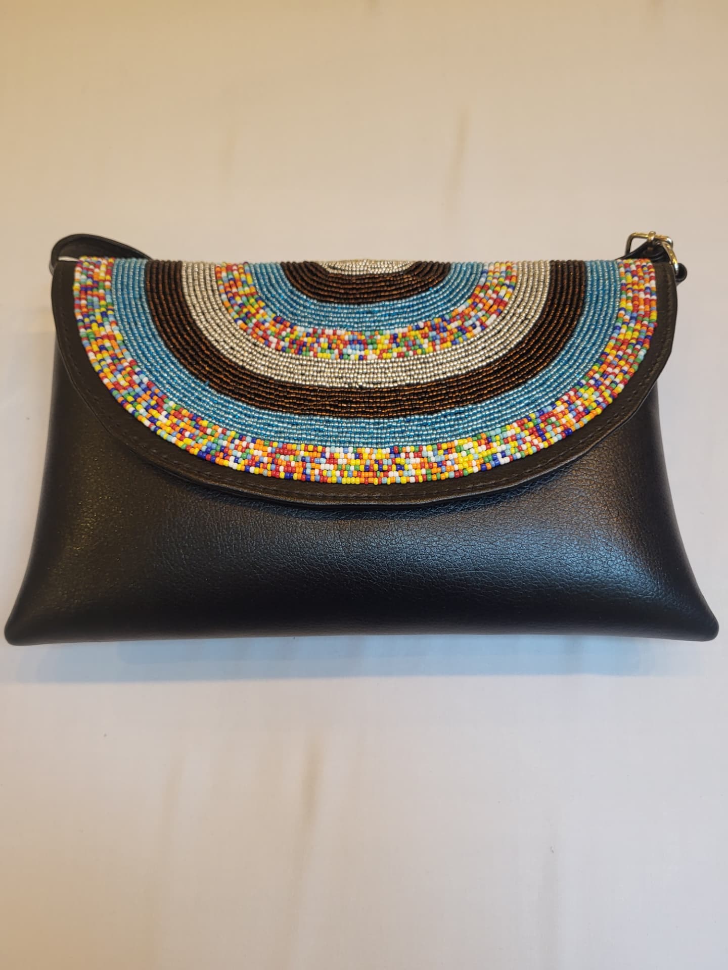 Black Beaded Crossbody Bag — Turquoise Arcs