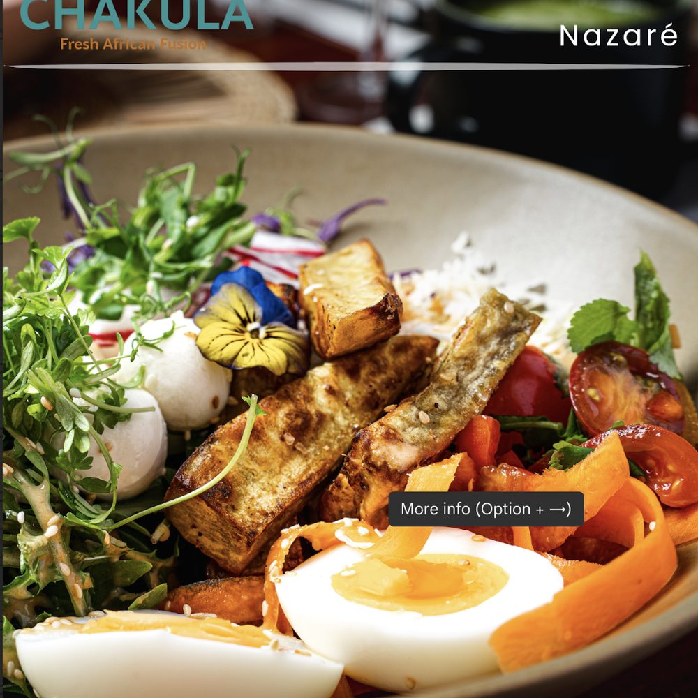 Fresh African fusion bowl with tofu, eggs, and vegetables at Chakula Nazaré